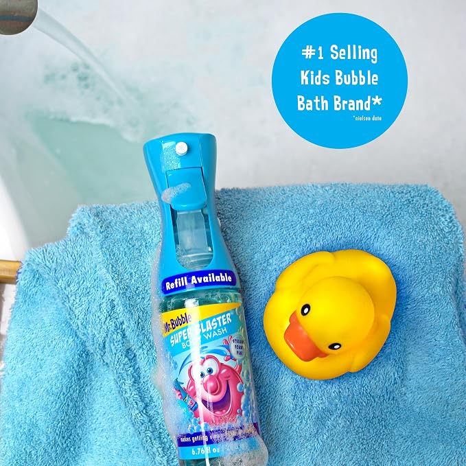 Mr. Bubble Super Blaster Body Wash, Blue Raspberry Blast Scent, Fun Body Wash Sprayer for Kids Shower and Bath, 6.76 fl oz
