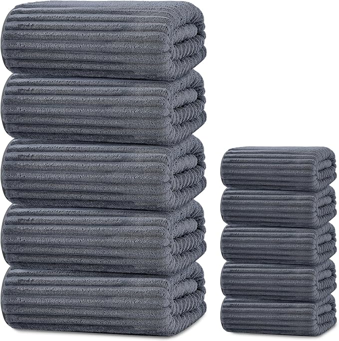 10-Piece Microfiber Bath Towel Set – 280 GSM Coral Fleece, Ultra Soft Quick Dry Towels, Includes 5 Oversized Bath Sheets 35”x67” & 5 Hand Towels, Absorbent Bathroom Towels for Home Spa (Dark Gray)