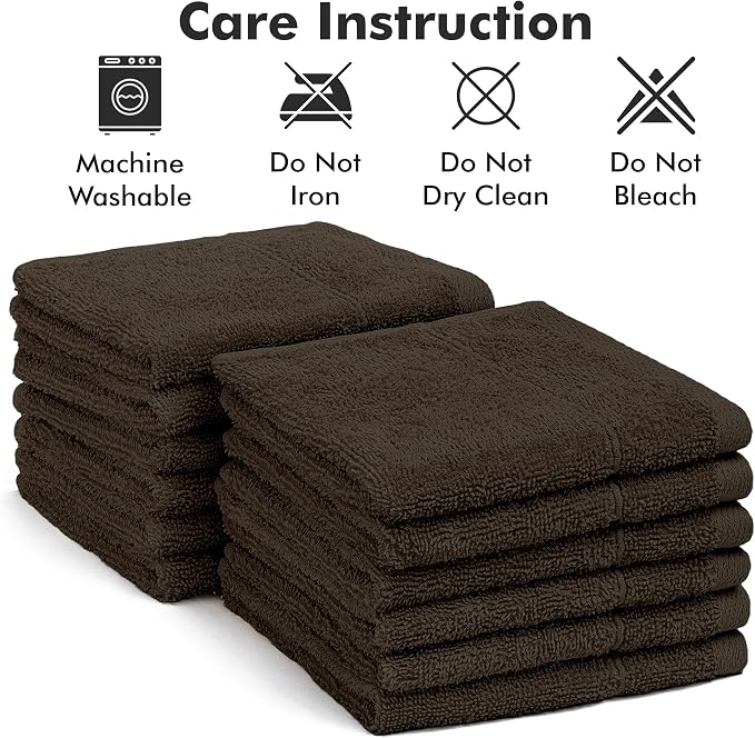 Face Towels Pack of 12 – 100% Cotton Wash Cloths (12x12 inch) – 550 GSM Soft, Quick Dry & Highly Absorbent Ring Spun Cotton Towels for Bathroom, Spa, Gym, Kitchen and for Daily Use - (Dark Brown)