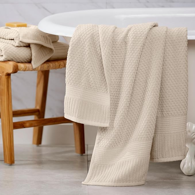 NY Loft 100% Cotton 4-Pack Bath Towel Set | Sand | Oeko-TEX | Quick-Dry | Four 30" x 52" Bath Towels | Super Absorbent | Designer-Styled Texture