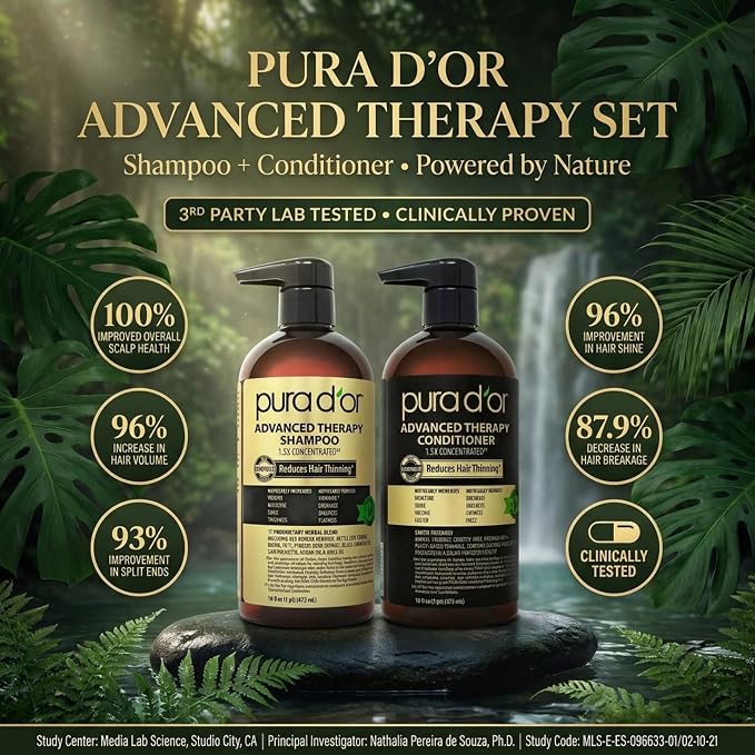 PURA D'OR Advanced Therapy Biotin Shampoo & Hair Regrowth Conditioner Set For Hair Thinning, CLINICALLY TESTED Effective Thickening Results, For Women & Men, Invigorating Forest Scent, 16oz x2