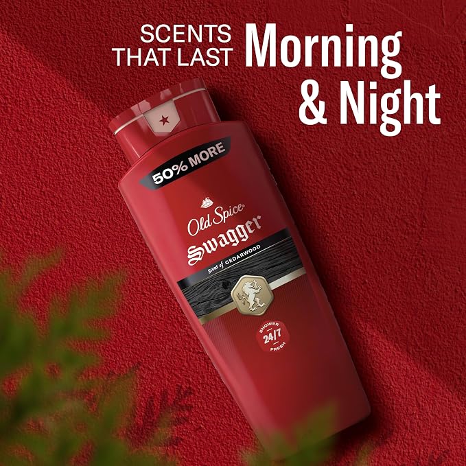 Old Spice Refreshing Body Wash for Men, 3X Defense, 24/7 Shower Fresh with Long Lasting Scent, Red Collection, Swagger with Cedarwood Scent, 24 oz (Pack of 2)