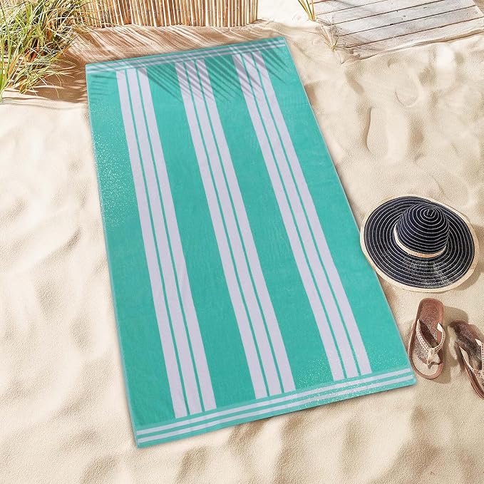 Superior Oversized Cotton Beach Towel Set of 2, Absorbent Towels for Bathroom, Pool, Swim, Adults, Kids, Vacation, Travel, Bath Sheet, Quick Dry Basics, Trip Essentials, Striped Decor, Mint