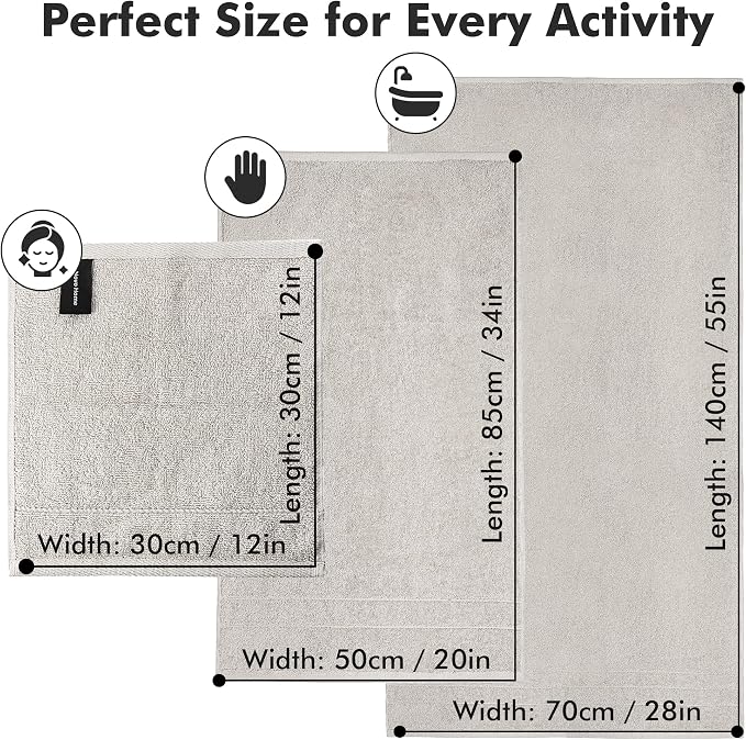 Bath Towels Set of 8 – 100% Cotton (Light Grey) Bathroom Towel Set Bale Includes 2 Bath, 2 Hand, 4 Face Towels – Soft, Absorbent & Quick Dry Towel for Bathroom, Spa, Kitchen, Hotel Use