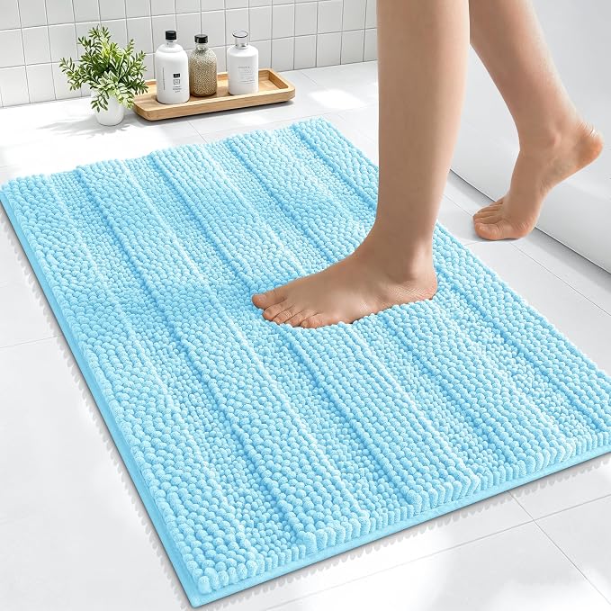 Smiry Thick Small Chenille Bathroom Rugs 24x16, Extra Absorbent Striped Bath Mat, Machine Washable, Rubber Backing, Bath Rugs for Bathroom, Tub & Shower, Modern Home Decor Accessories, Sky Blue