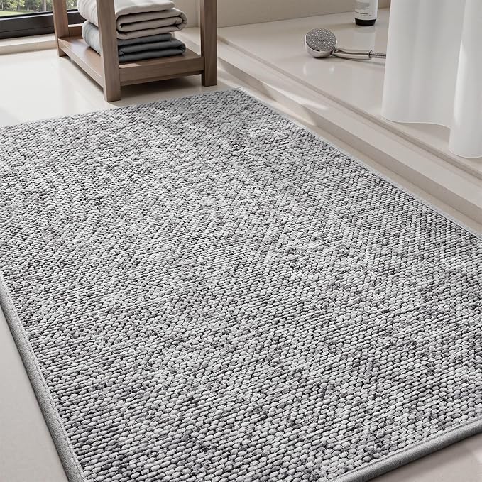 PADOOR Thin Bath Mats, Braided Bath Mats for Bathroom, No-Slip Rubber Backed Bath Rugs, Machine Washable & Quick Dry Absorbent Bathroom Mat (20"x32", Grey)