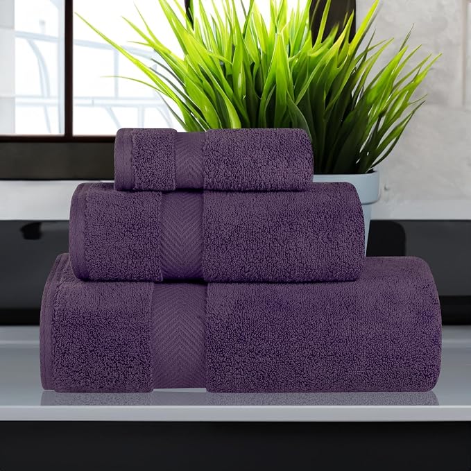 Superior Zero Twist 100% Cotton Towel Set, 3-Piece Set, Extra Soft Bath Towel, Face Towel and Hand Towel, Long-Staple Cotton Towels, Grape Seed