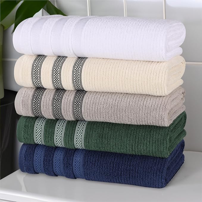 Superior Cotton Bath Towel Set, Zero Twist, Ribbed Geometric, Large Plush Absorbent Body Towels, Luxury Soft Quick Drying, Shower, Spa, Hotel, Pool, Guest Bathroom, Home Essentials, Set of 3, White
