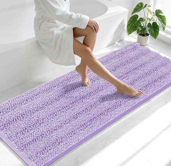 Smiry Thick Chenille Bathroom Runner Rugs 70x24, Absorbent Striped Bath Mat, Machine Washable, Rubber Backing, Extra Long Bath Rugs for Tub & Shower, Modern Home Decor Accessories, Lavender