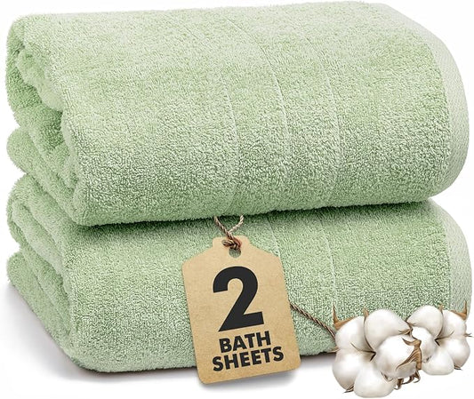Bath Sheets – 550 GSM Extra Large Bathroom Sheet Set – Pack of 2 Jumbo Towels Light Green (71x35in) – 100% Ring Spun Cotton Soft Quick Dry Large Bath Towels for Adults Hotel Spa Bathroom Use