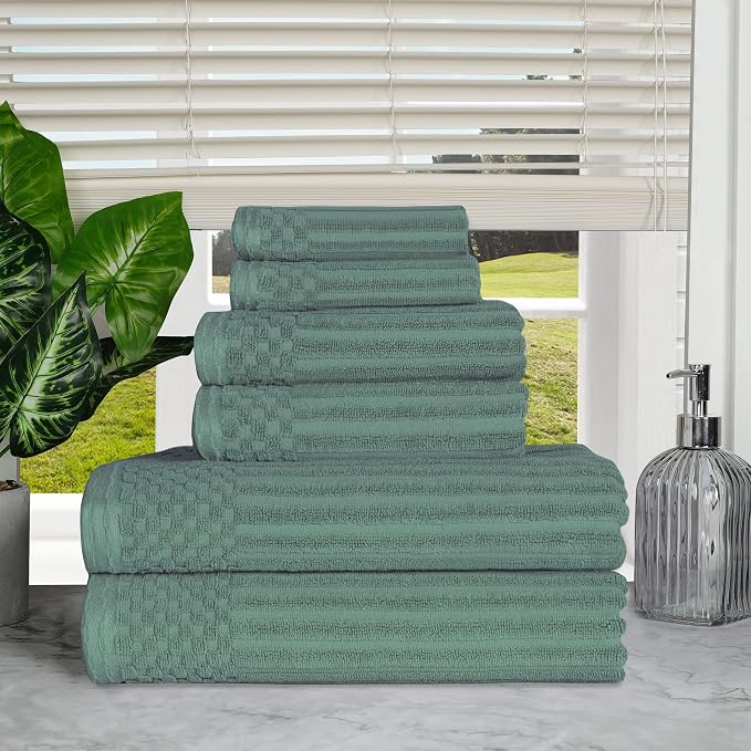 Superior 6 Piece Cotton Towel Set, Includes 2 Bath Towels, 2 Hand Towels, 2 Face Towel/Washcloths, Daily Use for Bathroom, Guest Bath, Ribbed, Absorbent, Home Essentials, Soho Collection, Basil