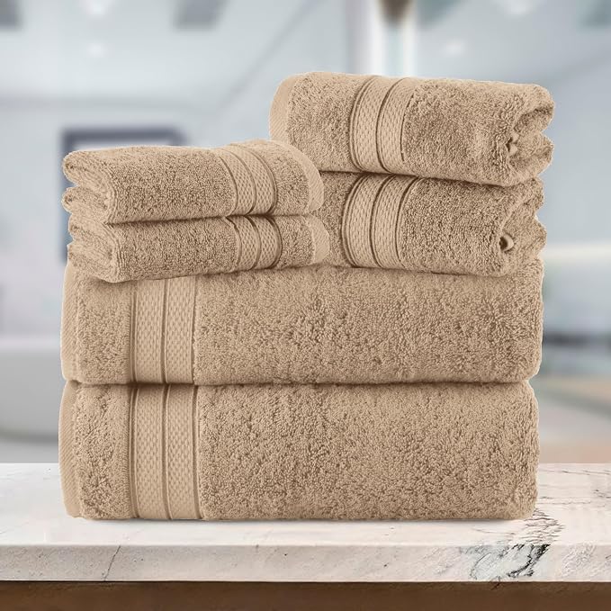 Elegant Comfort Luxury 6-Piece Towel Set, Premium Soft 100% Turkish Cotton, Three Line Popcorn Design 2 Bath Towels, 2 Hand Towels and 2 Washcloths Towel Set - Quick-Drying and Absorbent, Tan