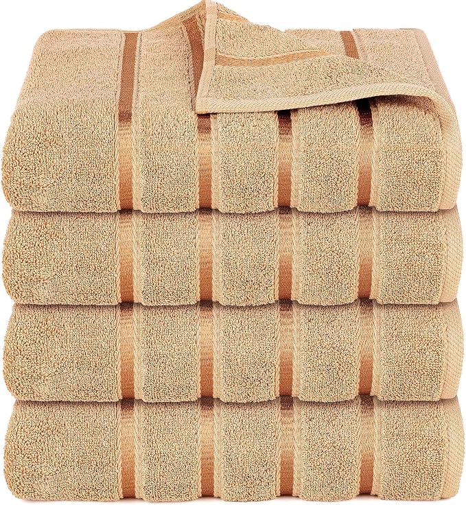 Luxury Bath Towels Set of 4-27x54 Inches 600GSM 100% Cotton Ring Spun - Daily Use Highly Absorbent Viscose Stripe Bath Towel Sets for Bathroom, Hotel, Spa (Beige)