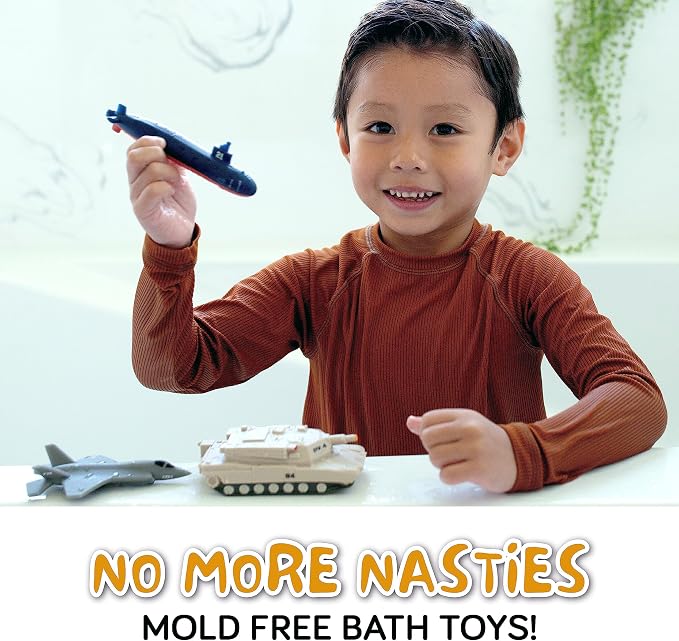 SplashEZ Bath Toys for Kids Ages 4-8, Kids Bath Toys for Boys, Mold Free No Hole Sealed, Soft Durable Army Play Set Submarine Tank Airplane Jet, No Mold for Water Tub & Pool, Ages 0-1-3-4-5-6-8
