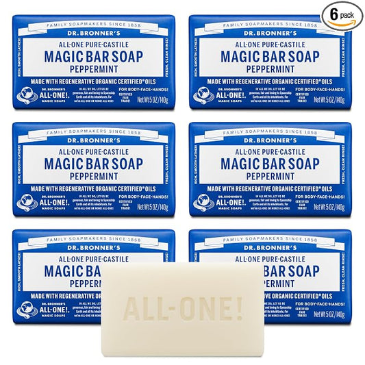 Dr. Bronner's Pure-Castile Magic Soap Bars (Peppermint, 5 oz, 6-Pack) - Made with Regenerative Organic Certified Oils - For Face, Body & Hair - Gentle, Vegan - Bar Soaps for Men & Women