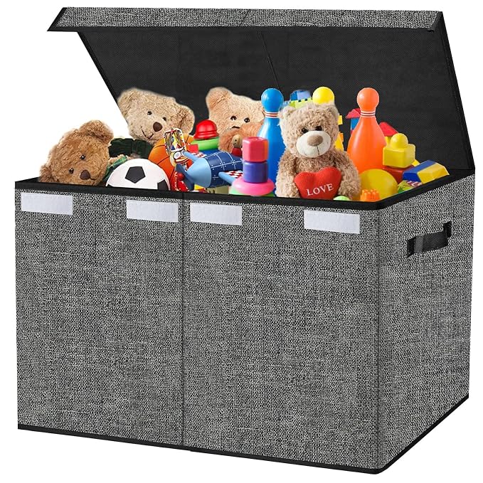 Pantryily Large Toy Storage Box Organizer, Collapsible Kids Toys Boxes Chest Container Bins with Lids & Handles for Livingroom, Playroom, Closet24.5"x13"x16"(Black)