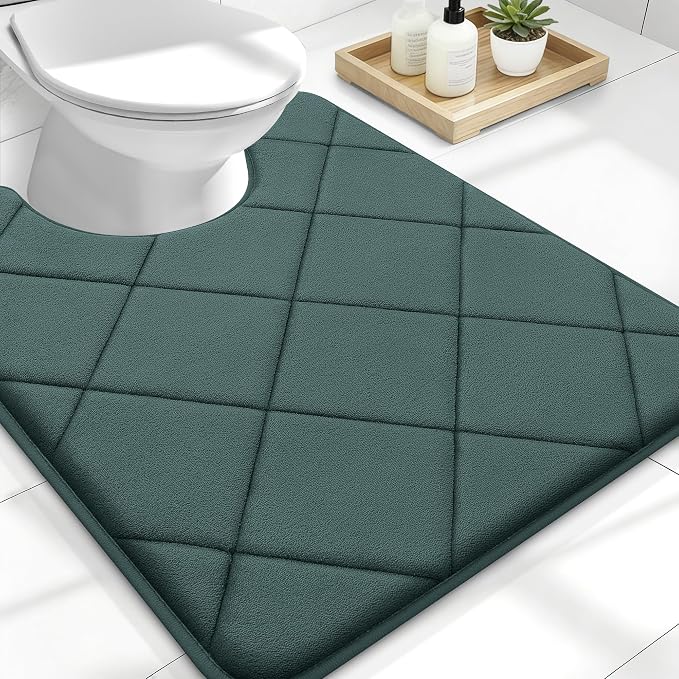 OLANLY Memory Foam Toilet Rugs U-Shaped 24x20, Ultra Soft and Absorbent Bathroom Rugs, Machine Washable Quick Dry, Comfortable Bathroom Contour Bath Mats for Toilet Base, Blackish Green