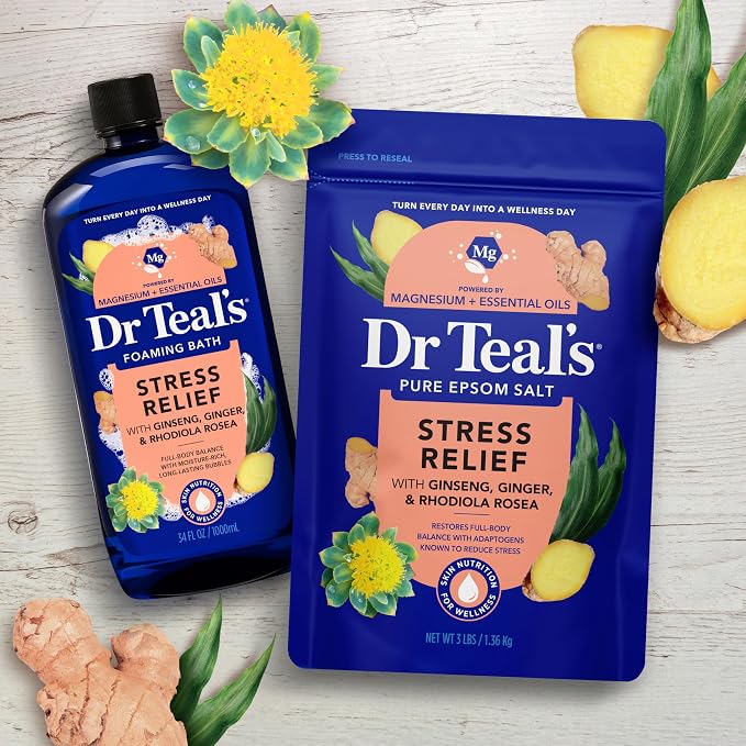 Dr Teal's Epsom Salt Magnesium Soak, Salt Stress Relief with Ginseng & Ginger Essential Oils, 3 lbs (Pack of 4)