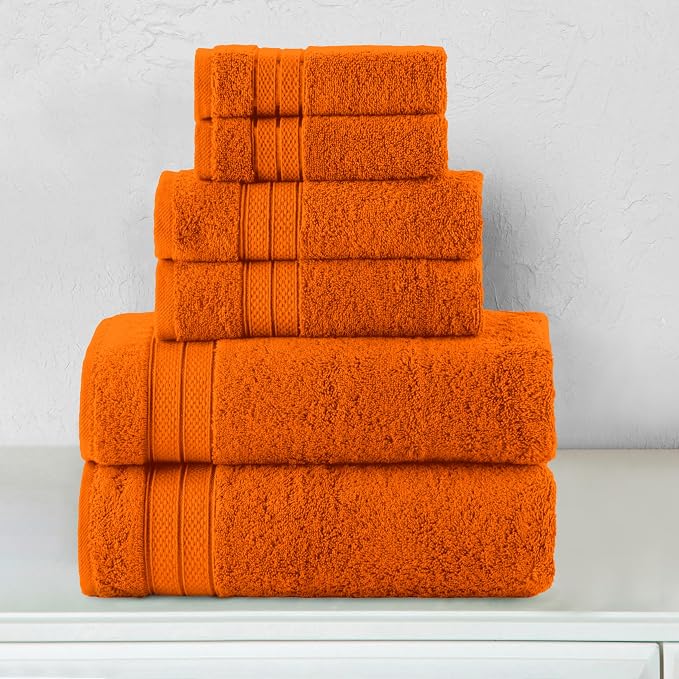 Elegant Comfort Luxury 6-Piece Towel Set, Premium Soft 100% Turkish Cotton, Three Line Popcorn Design 2 Bath Towels, 2 Hand Towels and 2 Washcloths Towel Set-Quick-Drying and Absorbent, Vibrant Orange