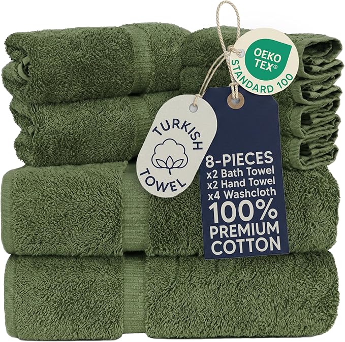 Towel Bazaar 8-Piece Towel Set, 100% Premium Cotton Turkish Towels,Luxury Towel Super Soft and Absorbent, Perfect Use for Bathroom, Shower Towels - Moss Green
