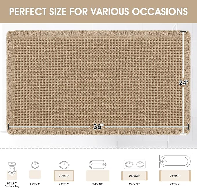 ACCUMTEK Upgraded Waffle Bath Mat, 36"x24" Beige, Super Absorbent Non-Slip Quick Dry Bathroom Rugs with Tassels, Machine Washable Ultra Soft Boho Bath Rugs for Floor, Toilet Mats Boho Farmhouse Decor