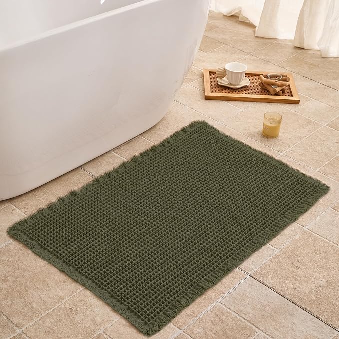 Waffle Bath Mat Non Slip, Boho Bathroom Rug, Super Absorbent Quick Dry Bathroom Mat, Soft Farmhouse Bath Rug with Tassels, Small Washable Shower Mats for Floor 20"x32", Olive Green