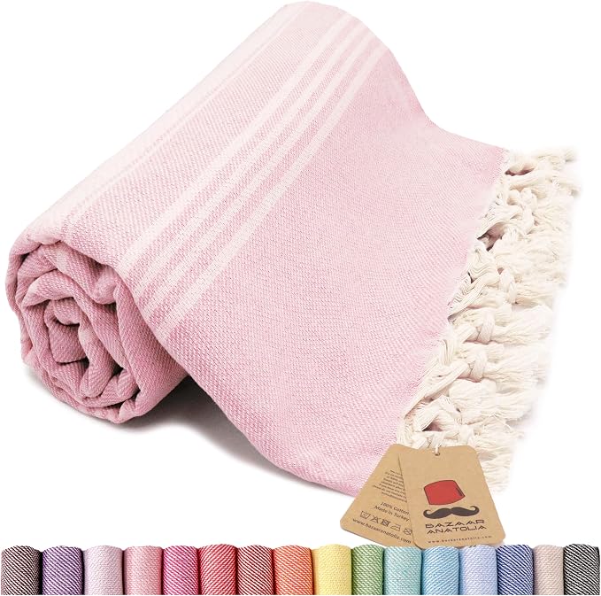 Bazaar Anatolia Turkish Beach Towel – 100% Cotton, Quick Dry, Sand Free Towel for Bathroom, Camping, Travel – Oversized 71x39 Inches – Stripe Pink