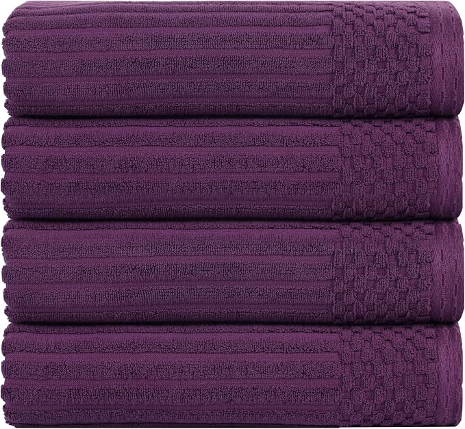 Superior 4 Piece Cotton Bath Towel Set, Includes 4 Bath Towels, Daily Use for Bathroom, Guest Bath, Quick Dry, Spa, Resort Towels, Ribbed, Absorbent, Home Essentials, Soho Collection, Plum