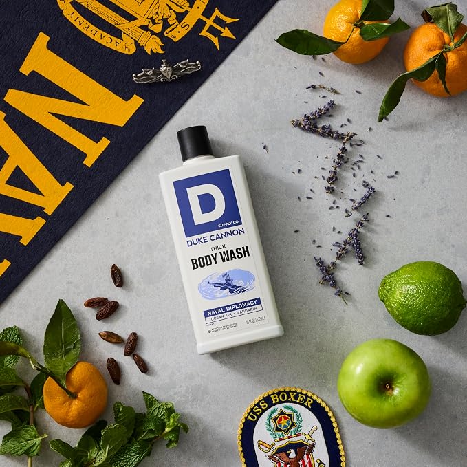 Duke Cannon Supply Co. Thick High Viscosity Body Wash - 3X Thicker, Cleansing Shower and Bath Gel, Mineral-Enriched Body Wash - Citrus Musk + Cedarwood - Mens Body Scrub - Naval Diplomacy (18 oz)