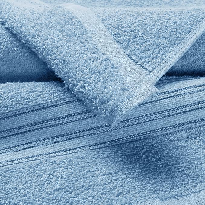 BOUTIQUO 6 Pack Cotton Towel Set, Contains 2 Bath Towels 28x55 inch, 2 Hand Towels 16x24 inch & 2 Wash Coths 12x12 inch, Ideal Everyday use, Ultra Soft Compact & Lightweight - Sky Blue