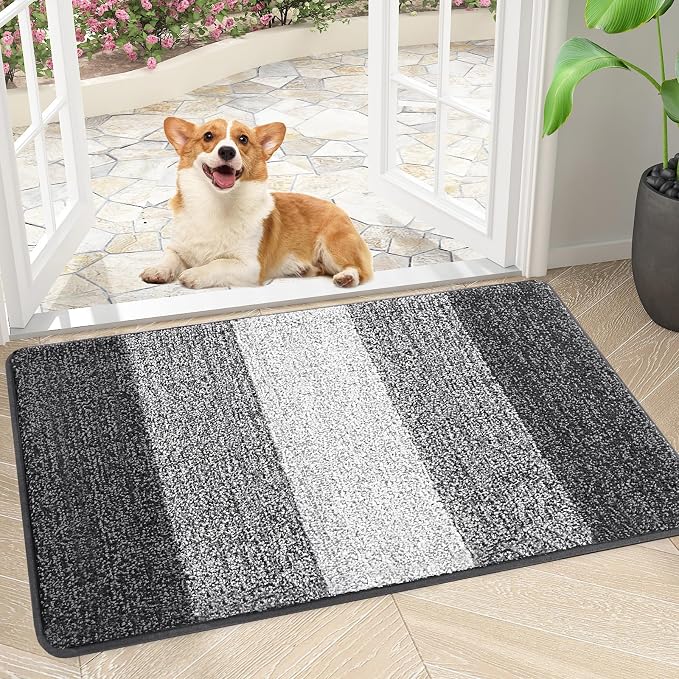 Smiry Dog Door Mat for Muddy Paws, Absorbs Moisture and Dirt, Low-Profile Entryway Mat with Non-Slip Backing, Entry Indoor Outdoor Doormat for Inside Floor (34x21 Inches, Grey, Striped)