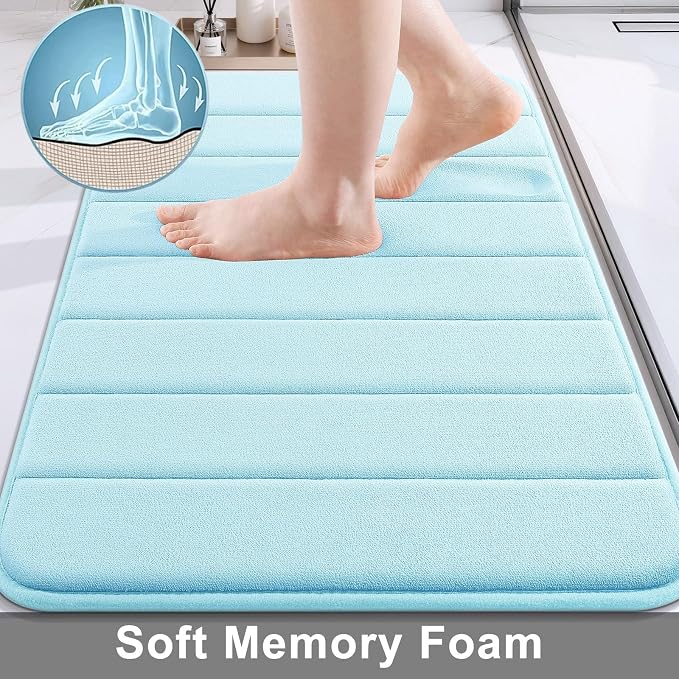 Buganda Memory Foam Bath Mat, 34" x 20", Ultra Soft Bathroom Rugs, Water Absorbent and Machine Washable Bath Rug for Bathroom, Shower, and Tub, Light Blue