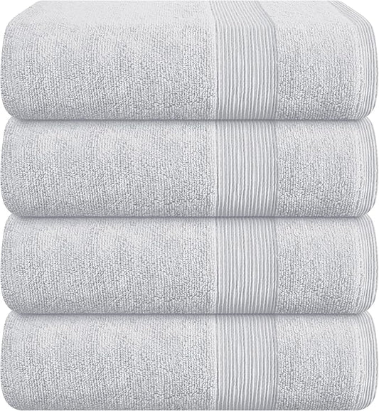 Belizzi Home 4 Pack Bath Towel Set 27x54, 100% Ring Spun Cotton, Ultra Soft Highly Absorbent Machine Washable Hotel Spa Quality Bath Towels for Bathroom, 4 Bath Towels Light Grey