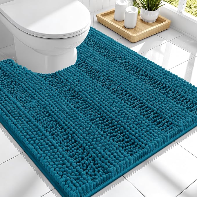 Smiry Thick Chenille Toilet Rugs U-Shaped 24x20, Extra Soft Absorbent Striped Contour Bathroom Rugs, Machine Washable, Dry Quickly, Bath Mat, Peacock Blue