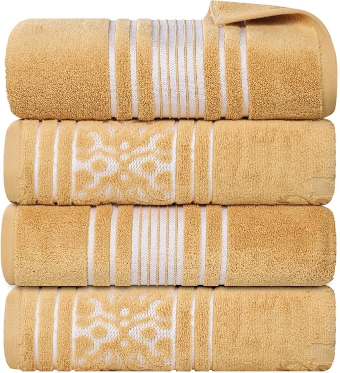 Superior Cotton Bath Towel Set, Large Plush Absorbent Body Towels, Luxury Soft Quick Drying, Shower, Spa, Hotel, Pool, Guest Bathroom, Home Essentials, Zero Twist, Assorted Design, Set of 4, Gold