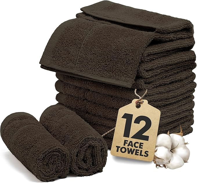 Face Towels Pack of 12 – 100% Cotton Wash Cloths (12x12 inch) – 550 GSM Soft, Quick Dry & Highly Absorbent Ring Spun Cotton Towels for Bathroom, Spa, Gym, Kitchen and for Daily Use - (Dark Brown)
