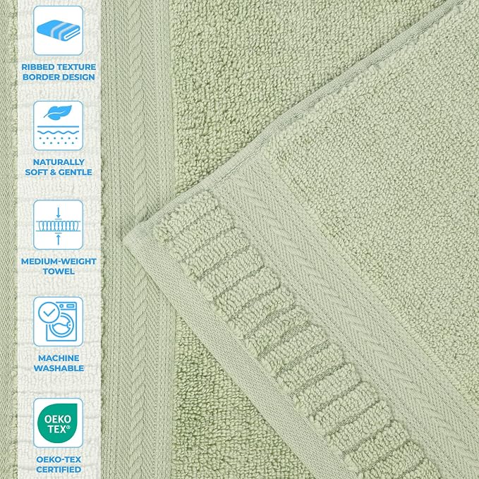 Superior Venice Zero Twist Cotton Medium Weight Towels, for Guest Bath, Bathroom, Shower, Spa, Plush Towels, Bath Essentials, Ribbed Textured Border, 3 Piece Assorted Towel Set, Green