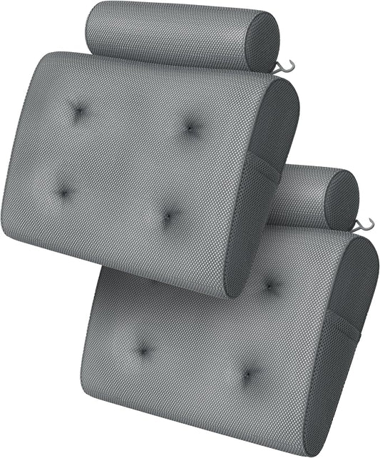 Everlasting Comfort Luxury Bath Pillow for Tub – 4D Mesh – Gray (2 Pack) | Head/Neck/Back Support, Non-Slip Suction Cups, Machine Washable, Drying Hook, Bath/Spa/Jacuzzi Essentials