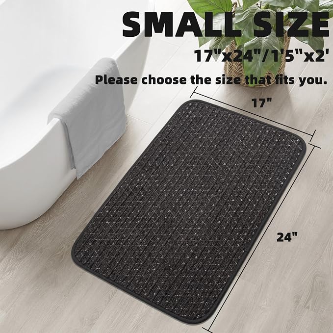 Non Slip Thin Bath Mat Rubber Backing Quick Dry Super Absorbent Bathroom Rugs Fit Under Door, Woven Shower Rug for Bathtub, Toilet, Floor, Easy Care, Machine Washable, 17"x 24", Black