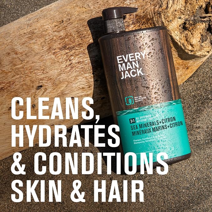 Every Man Jack Sea Minerals + Citron Hydrating Mens 3-in-1 All Over Wash for All Skin and Hair Types - Body Wash, Shampoo and Conditioner with Naturally Derived Ingredients - 28.8oz (2 Pack)