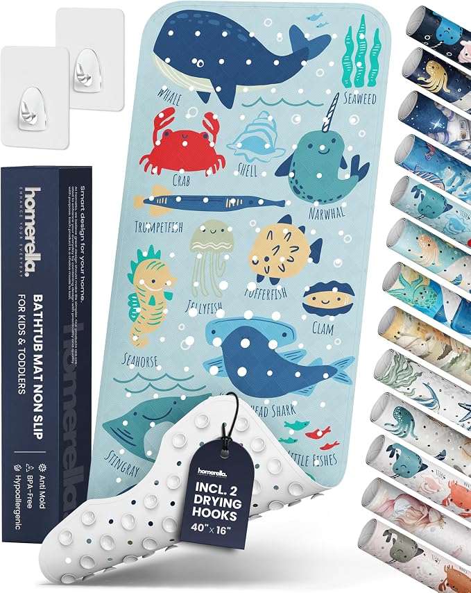 Bath Tub Mat Non Slip Anti Mold for Kids BPA Free INCL Hooks - homerella® Ocean Sea Animals 40x16, Baby Bath Mat Non Slip 200 Suction Cups, Non Toxic Machine Washable Toddler Bath Mat, EU Certified
