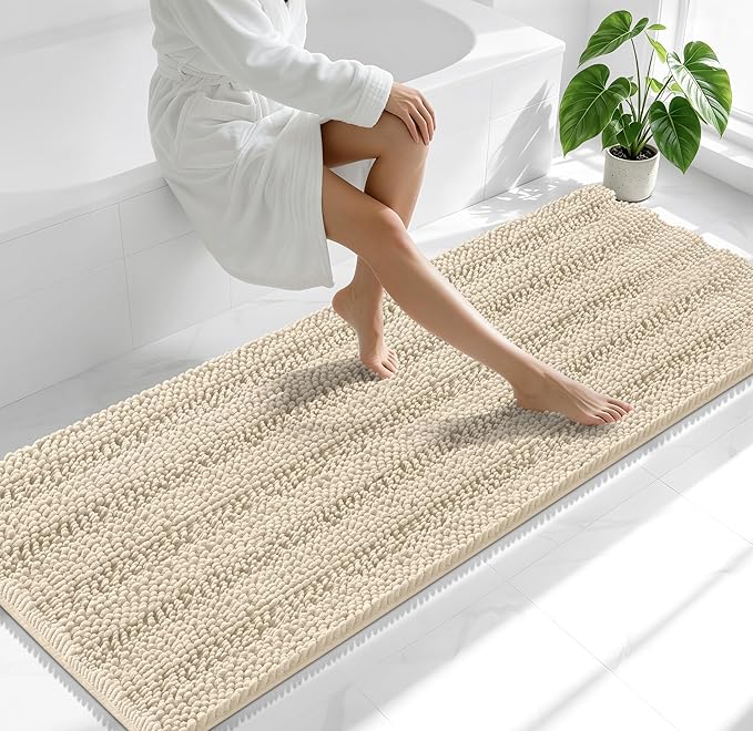 Smiry Thick Chenille Bathroom Runner Rugs 70x24, Absorbent Striped Bath Mat, Machine Washable, Rubber Backing, Extra Long Bath Rugs for Tub & Shower, Modern Home Decor Accessories, Sand