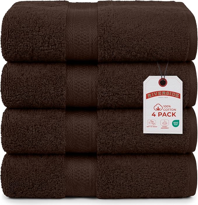 RIVERSIDE 100% Ring Spun Cotton Large Bath Towels Set of 4, 27 x 54 Inches – Quick Dry, Soft & Highly Absorbent Towels for Shower & Bathroom – Luxury 600 GSM Towels for Home, Spa, Gym, Hotel, Brown