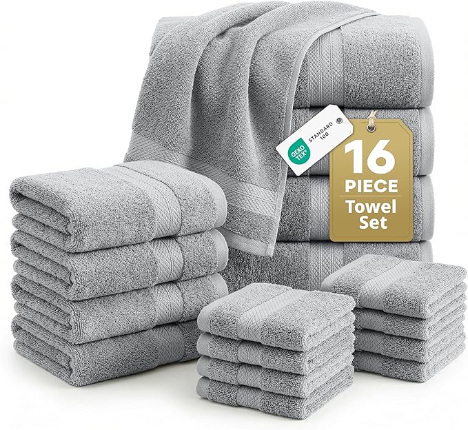 LANE LINEN 100% Cotton Turkish Towel Set for Bathroom - 16 Piece - Super Soft, Quick Dry & Highly Absorbent - 4 Bath, 8 Wash Cloths, 4 Hand Towels - Hotel Quality, Durable & Oeko-TEX Certified - Grey