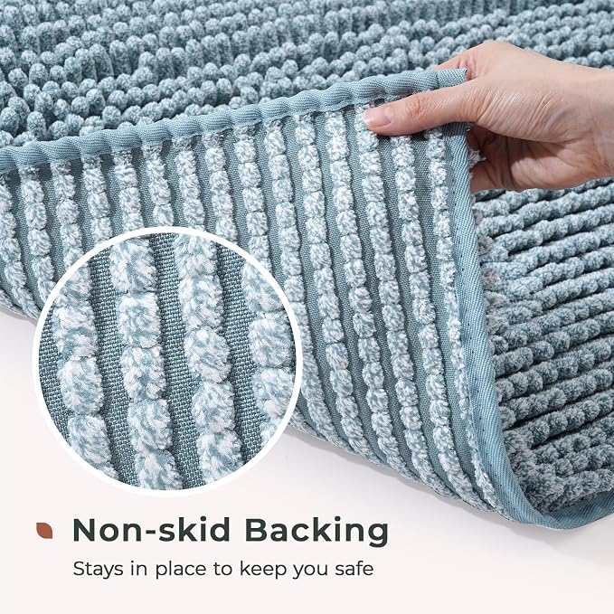 FRESHMINT Chenille Bathroom Rugs Mat 32"x20", Non-Slip Bath Mat for Bathroom Floor & Bathtub, Washable Shower Shag Bath Rugs, Soft Fluffy Thick Water Absorbent Microfiber Shower Mat, Aqua & White