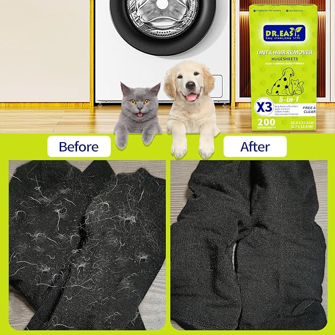 Dr.Easy LINT & HAIR REMOVER Pet HUGESHEETS with 3X Dryer Sheets, Free & Clean, 200 Count,PLANT&MINERAL-BASED FORMULA