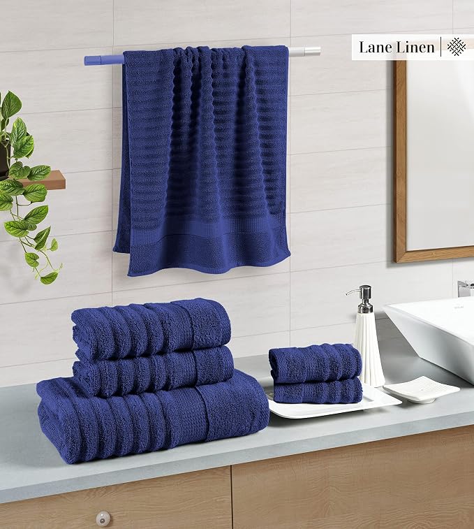 LANE LINEN Bath Towels Set - 6 Piece Set - Zero Twist - Softer Cotton, Absorbent & Durable - 2 Bath, 2 Washcloths, 2 Hand Towels for Bathroom - Sustainably Produced & Designed for Everyday use - Navy