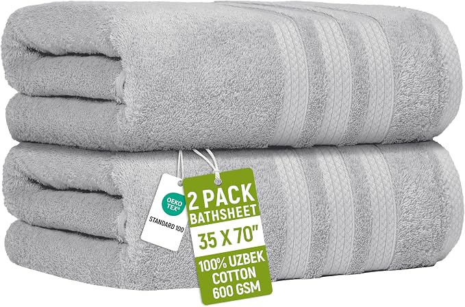 Bath Sheets 2 Pack Extra Large 35 x 70 Inches 600 GSM 100% Ring Spun Combed Uzbek Cotton Bath Towels Oeko-TEX Certified Soft Highly Absorbent Quick Dry – Light Grey