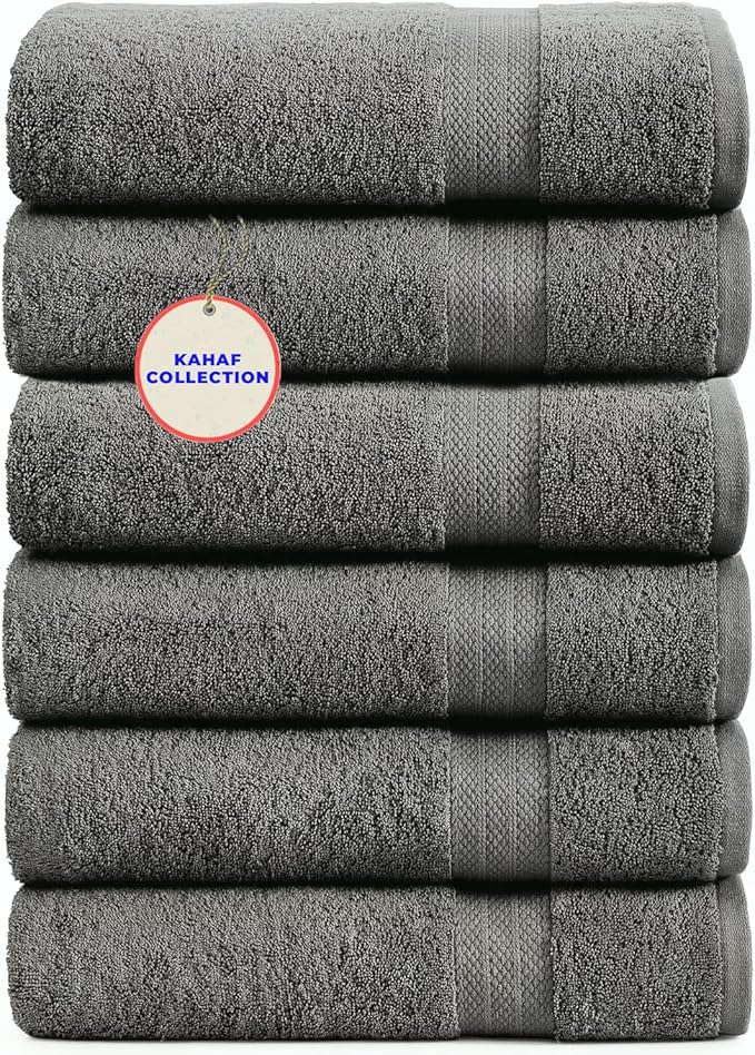 KAHAF COLLECTION 100% Cotton Bath Towels, 24x48 Pack of 6 Towels, Quick Dry, Highly Absorbent, Soft Feel Towel, Gym, Spa, Bathroom, Shower, Pool, Luxury Soft Towels (Light Grey, 24x48-6 Pack)