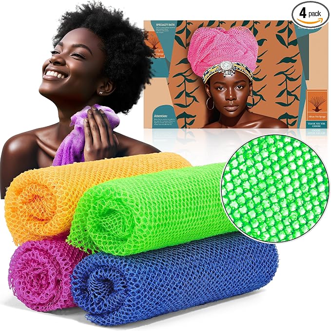 African Net Sponge Exfoliating Body Scrubber - Long Bath Sponge for Shower, Back Cleanser Smoother, Natural Exfoliation, Gentle for Sensitive Skin, Daily Use(Blue, Orange, Green, Purple)